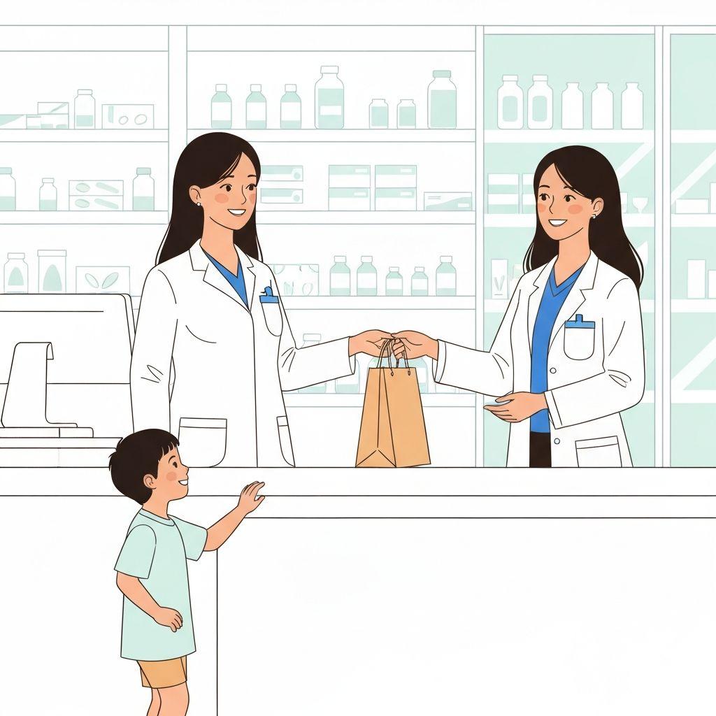 Farmacéutica atendiendo a una madre con su hijo en la farmacia